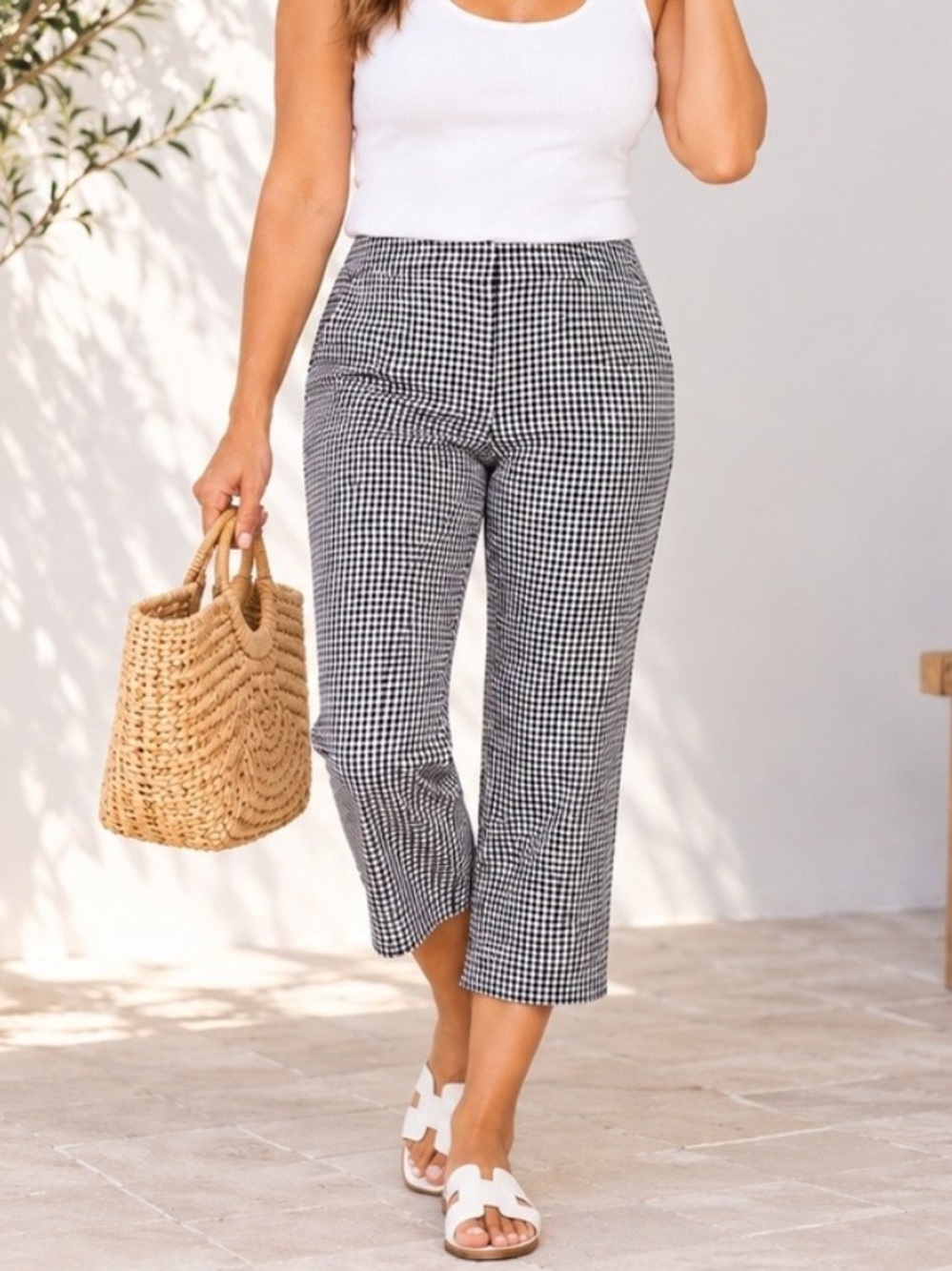 Chico's Black and White Gingham Dress Pants cropped sz 12 straight leg stretch